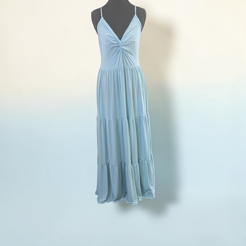 VENUS Blue Tiered Maxi Dress Twist Front Boho Sundress Flowy Spaghetti Strap S - Picture 2 of 9